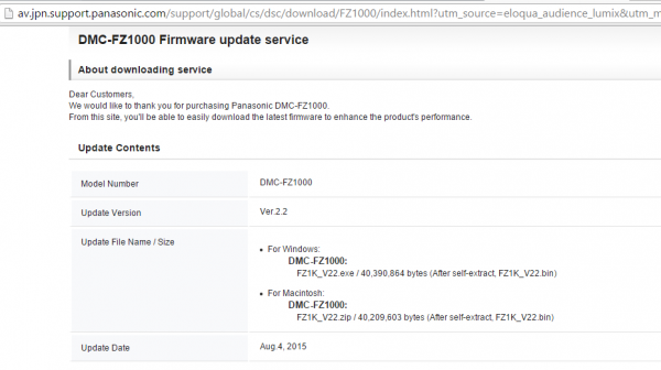 Aktualizacja Firmware Panasonic Lumix FZ1000 informacja