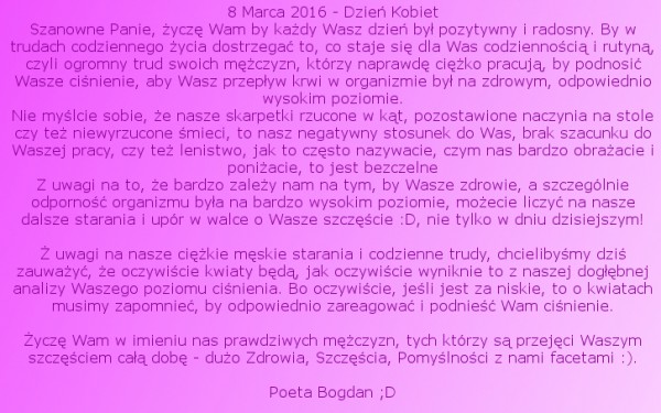 Wesołe Życzenia na Dzień Kobiet od Bogdana - 8 Marca 2016