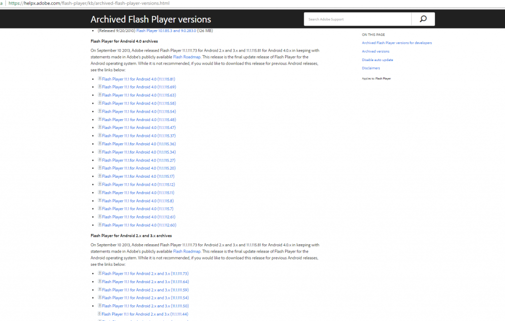 helpx adobe flash player archived versions html